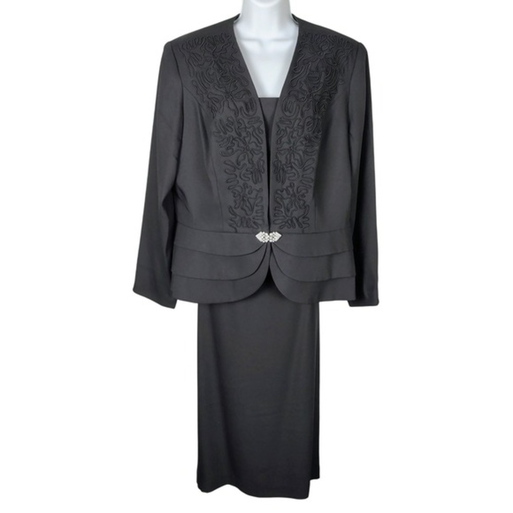 Justin Taylor Black Soutache Embroidered Skirt Suit Set Rhinestone Brooch‎ 16